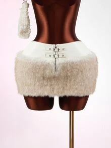 Mistrie Women's Sexy Faux Fur & Metal Button Patchwork Skirt - White - View 7