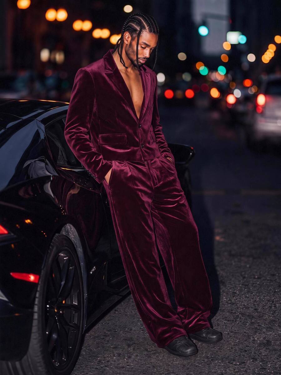 GETOML Men's Solid Color Lapel Neck Long Sleeve Jacket And Pants Casual Fashion Suit Set - Burgundy - View 1