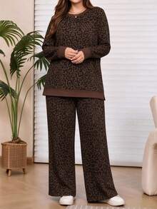 SHEIN 大尺碼女款豹紋長袖上衣與長褲休閒西式日常兩件套居家服 棕色 秋冬 - 彩色 - 查看 4