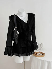 Elamini 2pcs/Set Apricot Winter Commuter Daily Waist Cinched Ruffle V-Neck Bell Sleeve Cute Casual Women Long Sleeve Mini Dress Set - Black - View 4