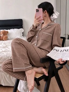Napfluff 泡泡紋理格紋領上衣與長褲睡衣套裝 秋冬服飾 - 彩色 - 查看 1