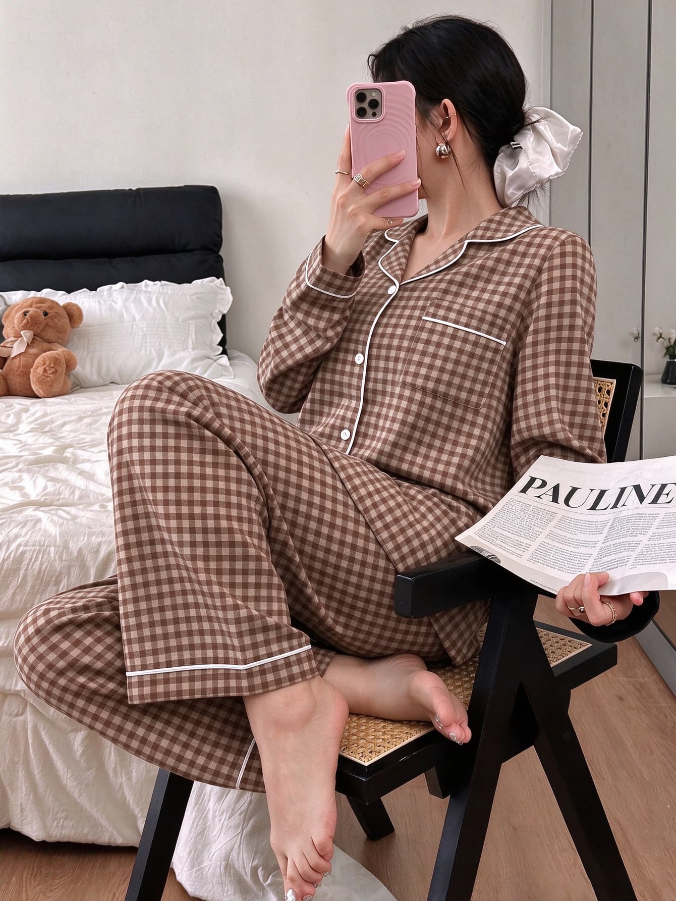 Napfluff 泡泡紋理格紋領上衣與長褲睡衣套裝 秋冬服飾 - 彩色 - 查看 1