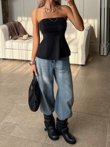 SHEIN EZwear 黑色針織抓皺下擺時尚抹胸上衣 - 黑色 - 查看 5