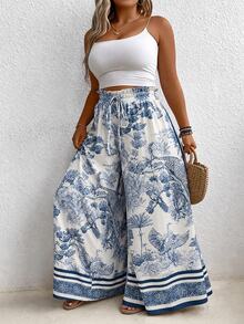 EMERY ROSE Plus Size Women's All-Over Print Casual Daily Wide Leg Pants Fall - Blue - View 1