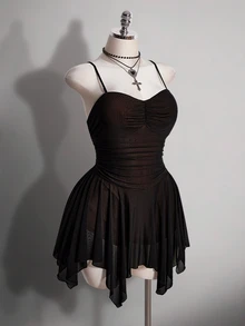 SHEIN ICON 大尺碼女款復古 2000s 70s 90s 哥德風黑色夏季夜生活派對夜店洋裝，Y2K 透視網紗細肩帶修身不對稱下擺抓皺胸前設計 - 棕色 - 查看 5