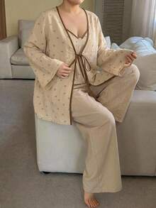 Dazy Plus 3pcs Colorblock Floral Camisole Cardigan Top & Long Pants Loungewear Set, Spring Summer Autumn Pajama Set - Khaki - View 4
