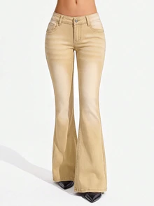 Jeanoix Women's Casual Daily Denim Flare Leg Pants With Pockets And Buttons - Khaki - View 4
