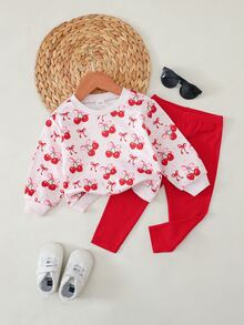 SHEIN 女嬰可愛花卉圖案運動衫與鬆緊腰長褲套裝 - 紅色 - 查看 3