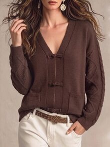SHEIN New Chinese Style Loose Slouchy V-Neck Frog Button Knit Cardigan - Coffee Brown - View 5
