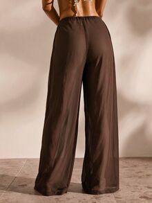 Opulessa Women's Vacation Waist Tie Wide Leg Loose Cover-Up Pants - Khaki - View 2
