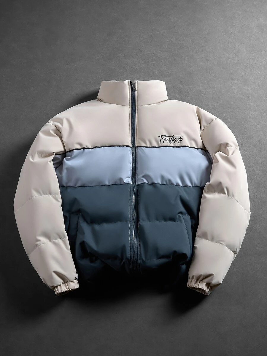 Manfinity Hypemode Men's Letter Print Contrast Color Stand Collar Padded Coat, Loose Quilted Retro Bread Jacket, Vintage Street Style, Suitable For Parties And Daily Outfits - Dark Grey - View 1