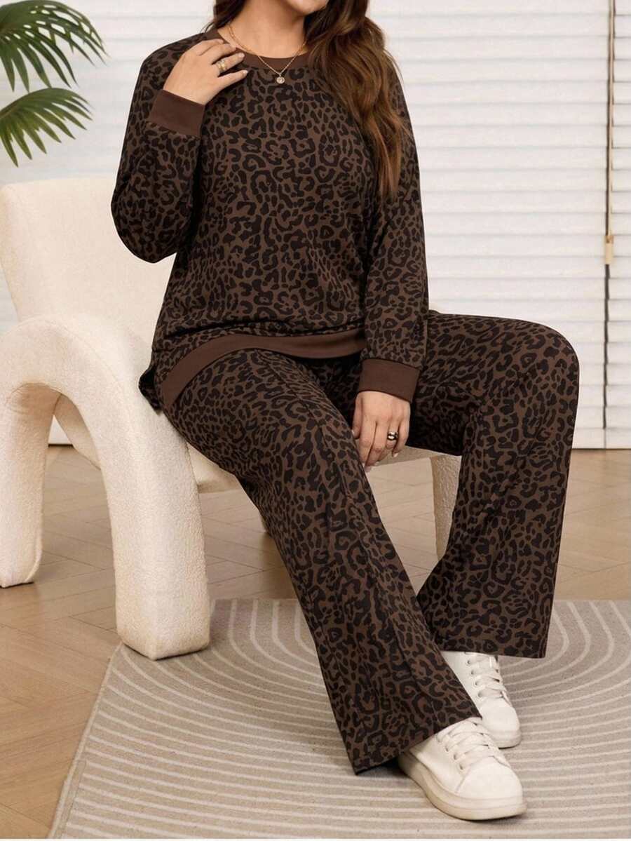SHEIN 大尺碼女款豹紋長袖上衣與長褲休閒西式日常兩件套居家服 棕色 秋冬 - 彩色 - 查看 1