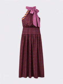 Nöista Women's All-Over Print Halter Neck Knot Detail Fashion Long Dress - Burnt Orange - View 9