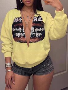 Slaydiva Women's Lip Print Deep V-Neck Drop Shoulder Long Sleeve Loose Sweatshirt - Multicolor - View 5