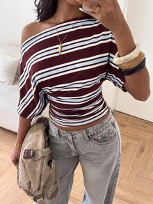 Aloruh 女款條紋單肩蝙蝠袖收腰休閒T恤 - 酒紅色 - 查看 5