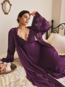 Côtesoire Plus Size Women Lace Patchwork Camisole Dress And Cardigan Casual Sleepwear Set - Purple - View 5