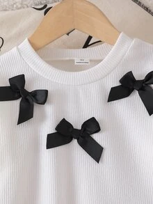 SHEIN 女童幼兒休閒可愛針織運動衫套裝，長袖蝴蝶結上衣，黑色百褶裙，2件套秋季日常穿著套裝 - 白色 - 查看 8