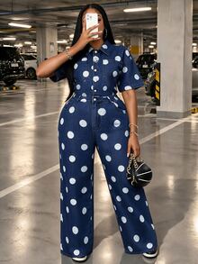 Slaydiva Festival Plus Size Women's Blue Non-Stretch Polka Dot Print Loose Short Sleeve Jumpsuit - Light Wash - View 6