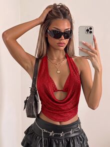 SHEIN ICON 2件組夏季女款亮片露背背心與細肩帶上衣，適合海灘、夏威夷派對、返校日、演唱會與夜店外訪 - 紅色 - 查看 3