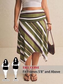 SHEIN Tall CURVE 大尺碼夏季休閒拼色條紋不對稱下擺裙 秋季 - 彩色 - 查看 7