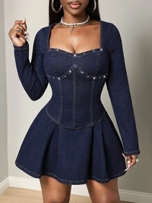 BamGleam Women's Beaded Design Sweetheart Neckline Long Sleeve Fashion Denim Dress - Dark Wash - View 1
