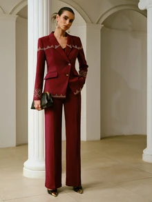 ZEYLAH Women's Elegant Embroidered Long Sleeve Blazer With Notch Lapel - Burgundy - View 5