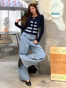 DAZY Women's Striped Long Sleeve Casual Sweater Faux Two-Piece - Royal Blue - View 6