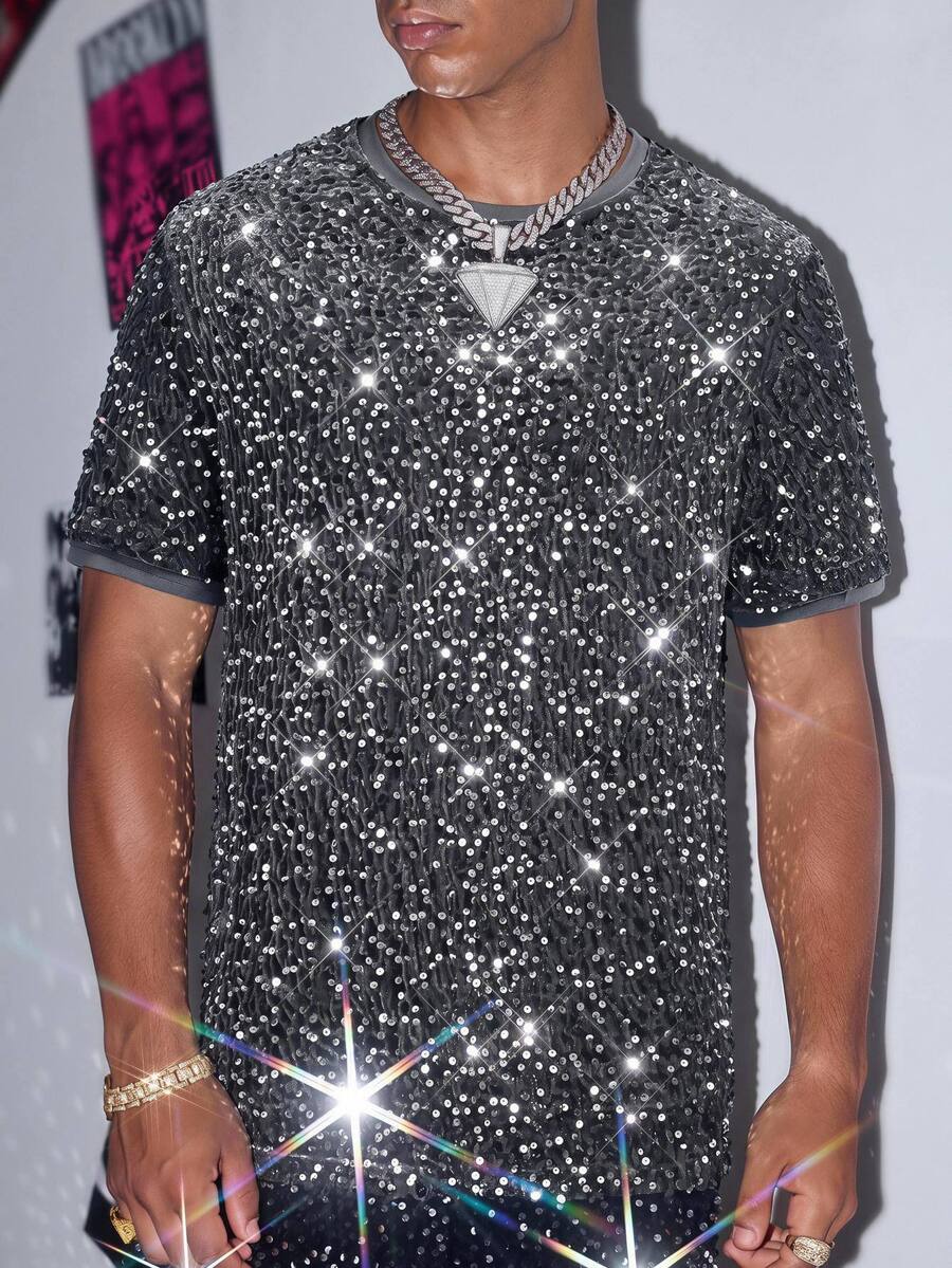 Mainfolk Men's Casual Fashion Sequin Short Sleeve T-Shirt For Bar And Music Festival - Grey - View 1