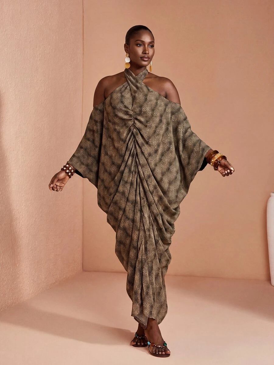 JIAN LASALA Leopard Print Chiffon Bat Sleeve Off Shoulder Halter Neck Long Dress Plus Size - Multicolor - View 1