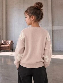 SHEIN Sparklyn 青少年女孩花卉圖案落肩針織衫 秋季 - 彩色 - 查看 2