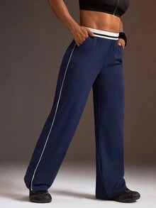 Powerista Women's Navy Blue & White Contrast Elastic Waist Knit Loose Wide Leg Split Hem Pants - Navy Blue - View 4
