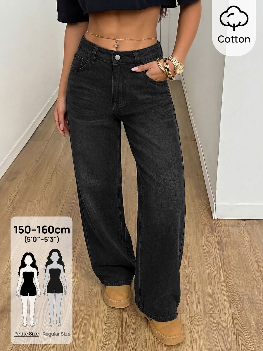 SHEIN PETITE 女款直筒寬鬆休閒百搭牛仔褲,附口袋 - 黑色 - 查看 1