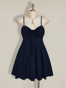 SHEIN ICON 女款大尺碼春夏復古可愛商務休閒性感簡約日常度假通勤時尚Y2K前胸抓褶抹胸黑色洋裝 - 藏蓝色 - 查看 4