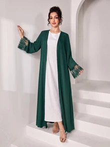 Yasmyna 優雅蕾絲袖口設計女款阿拉伯式長袍 - 墨綠色 - 查看 5