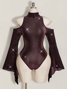 SHEIN ICON Plus Size Stand Collar Exaggerated Flare Sleeve Sheer Shiny Bodysuit, Music Festival Outfit, Party Winter - Hot Pink - View 2