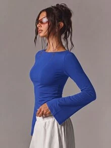 Athîral 女款棉質船領喇叭袖長袖修身黑色休閒T恤，適合秋季、日常穿著、通勤、外出、街頭、萬聖節，優雅上衣 - 藍色 - 查看 5