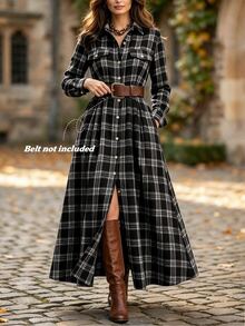 Linhara Autumn/Winter New Fashion Casual Elegant Commute Printed Lapel Slim Fit Plus Size Dress Fall - Black - View 4