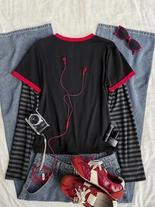 Attitoon 女款對比滾邊設計條紋袖 T-shirt，休閒極簡復古龐克 Y2K 百搭上衣，適合派對、音樂節、哥德風、秋季穿搭、通勤裝、外出裝、機場穿搭 - 黑色 - 查看 2