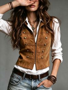 LUMIGAL Women's Vintage Double-Breasted Zipper Suede Vest - Brown - View 4
