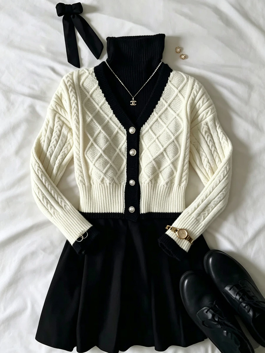 IslaSuriya Women's Fashion Cable Knit Contrast Color Button Cardigan - Apricot - View 1
