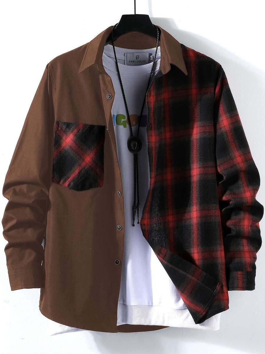 Manfinity Homme 男士 1 件格紋拼接口袋補丁鈕扣襯衫，秋季長袖上衣 - 棕色 - 查看 1