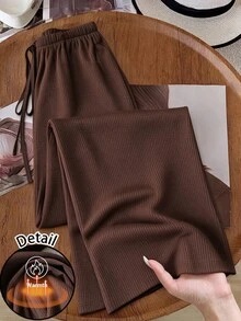 SHEIN LUNE 女款極簡抽繩腰休閒長褲，適合日常穿著、秋季穿搭、上班通勤與外出 - 棕色 - 查看 1