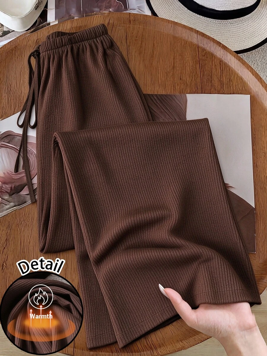 SHEIN LUNE 女款極簡抽繩腰休閒長褲,適合日常穿著、秋季穿搭、上班通勤與外出 - 棕色 - 查看 1