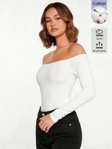 SHEIN BASICS 女款露肩長袖緊身連身衣 夜黑 秋季性感 秋冬款 - 白色 - 查看 4
