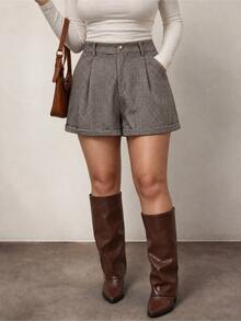 Easura European And American Autumn/Winter Houndstooth Diagonal Pocket Cuffed Hem Plus Size Women's Shorts, Casual Daily Commute Versatile Layering Inner Wear - Multicolor - View 4