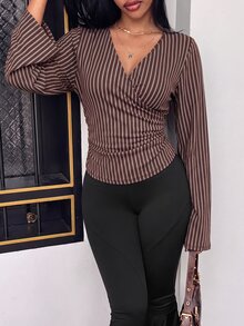 Slaydiva تي شيرت نسائي جديد للخريف بمقاسات كبيرة، كاجوال بتصميم بسيط بنقشة مخططة، مناسب لجميع الفصول - متعدد الألوان - مشاهدة 4