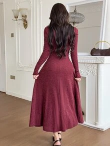 Feyla Women's Solid Color Cutout Design Front Tie Elegant Midi Dress - Burgundy - View 2