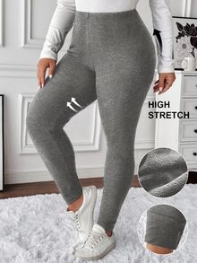 SHEIN LUNE 大尺碼女款純色保暖內裡休閒百搭日常穿著緊身褲 正式度假巧克力棕色冬季 - 灰色 - 查看 5