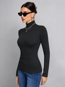 SHEIN Tall 簡約純色修身高領白色上衣，適合秋冬，適合高個女性 - 深灰色 - 查看 5
