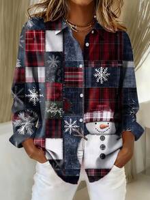 SHEIN LUNE Christmas Long Sleeve Shirt, Snowman Pattern T-Shirt, Fashionable Shirt, Women's Gift - Multicolor - View 3